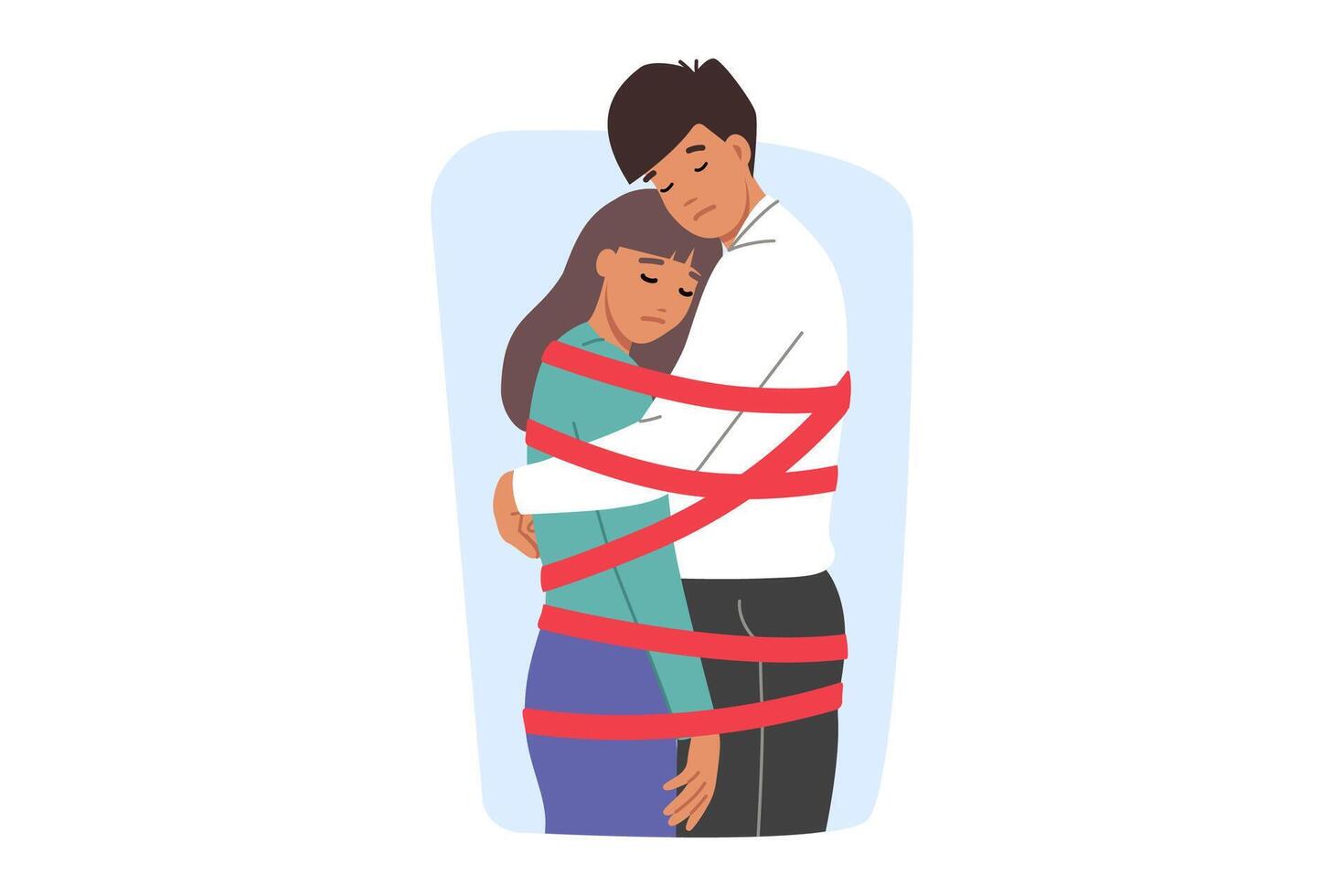 Toxic relationship between man and woman tied with rope and feeling restricted or depressed vector