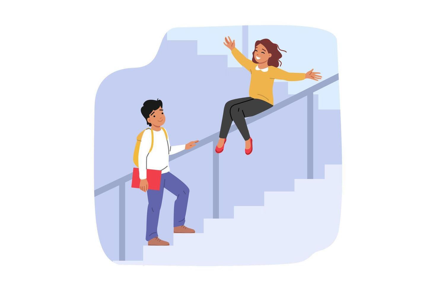 Primary school students have fun during recess and ride on staircase railings enjoying vacation vector