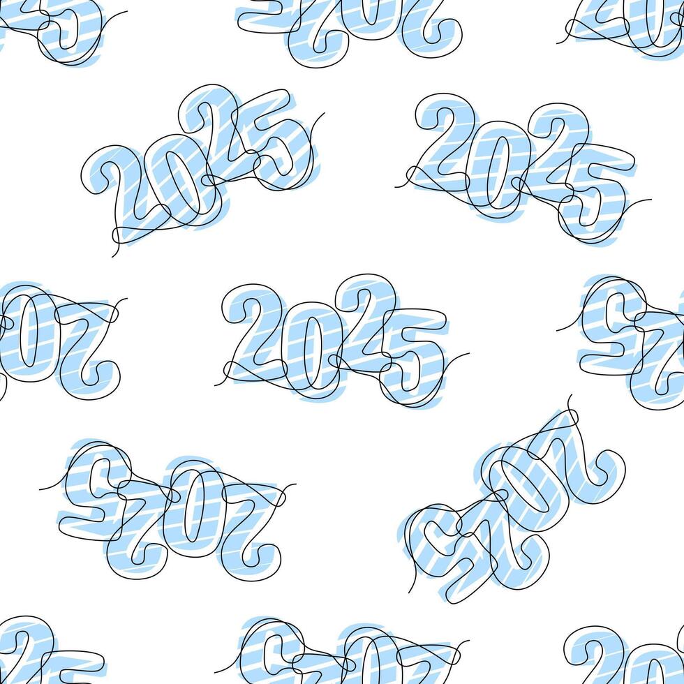 Seamless pattern with 2025 single continuous line. New Year concept. Holiday greeting card headline decoration. Date numbers concept design. One sketch outline drawing illustration. vector