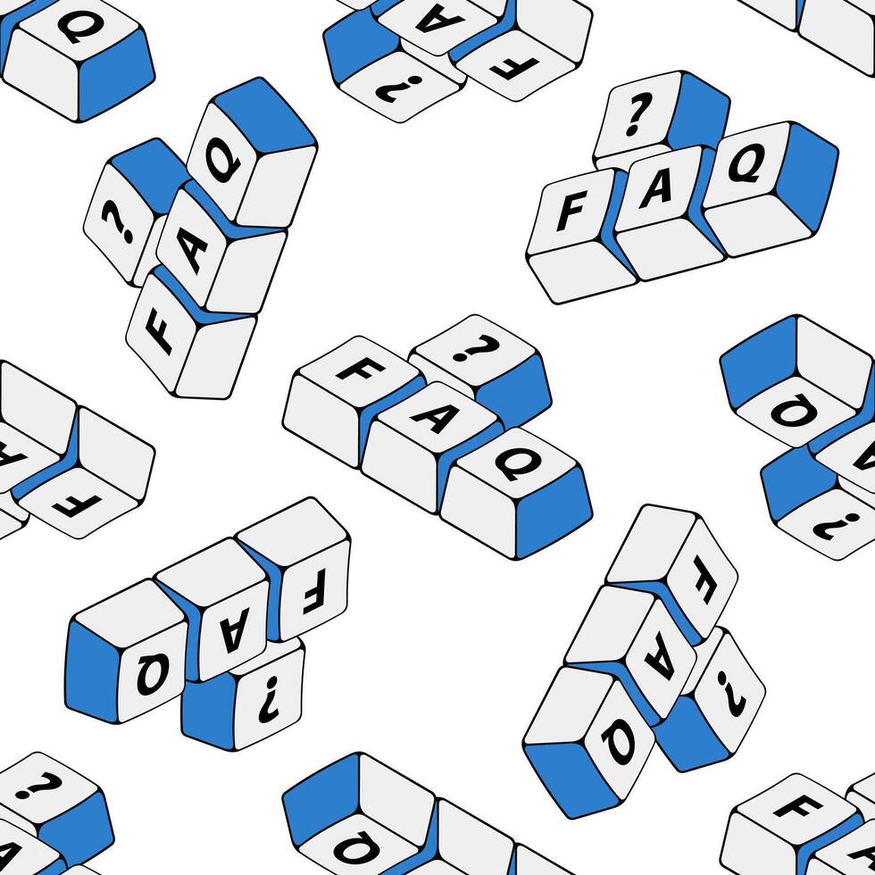 Seamless pattern with isometric keyboard buttons with question mark and FAQ, frequently asked questions. FAQ word and question mark written with computer keyboard buttons. vector