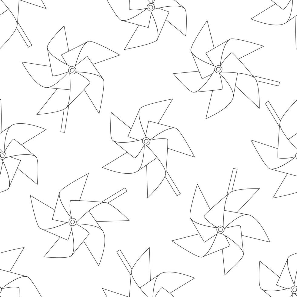 Seamless pattern with black illustration of a group black origami paper toy windmills isolated on a white background. Playing equipment depicting toy pinwheel. vector