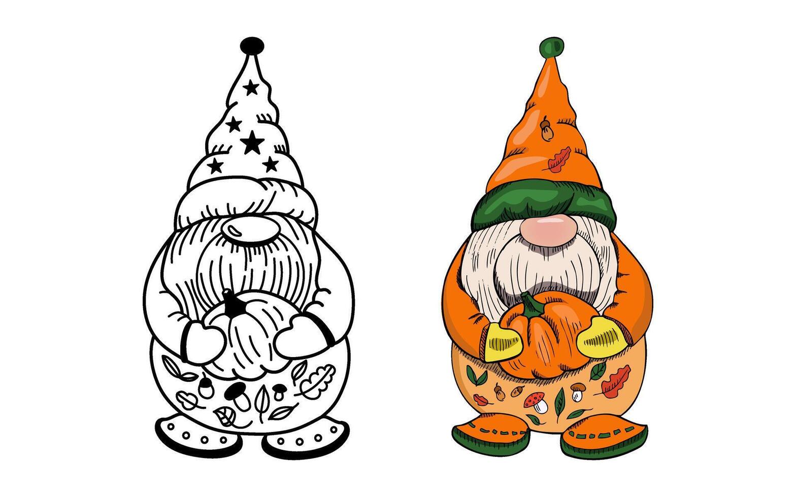 Outline doodle and colored hand-drawn dwarf holding an autumn pumpkin vector