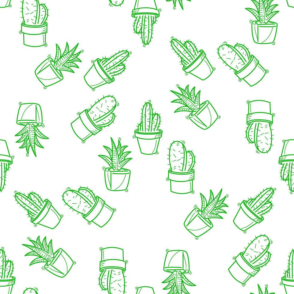 Seamless pattern with collection of green cactuses in pots, plants, hand drawn in trendy doodle style. Colorful illustrations and prints. vector