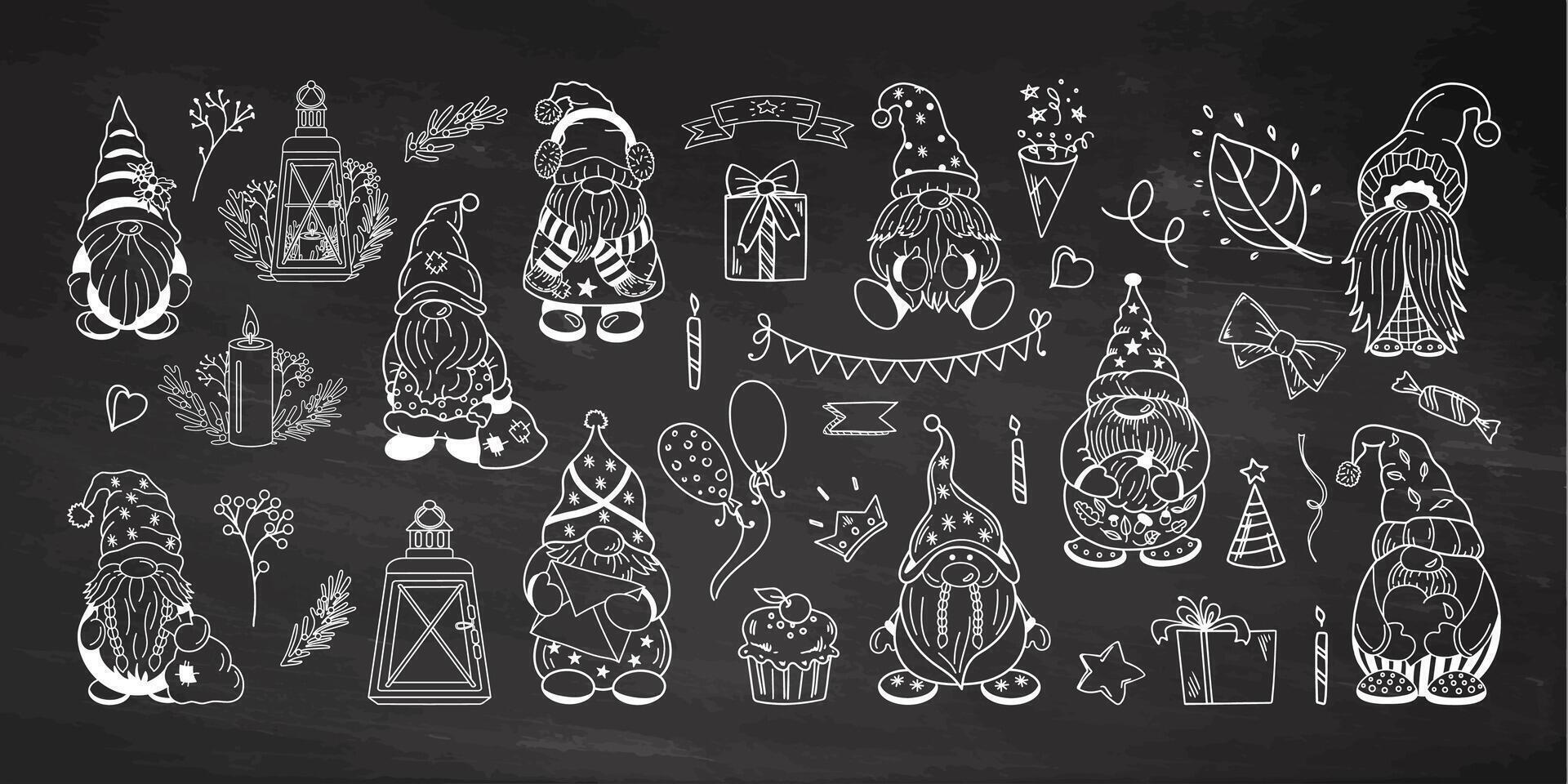 Chalkboard illustration with cute dwarf and elements for festive decoration vector