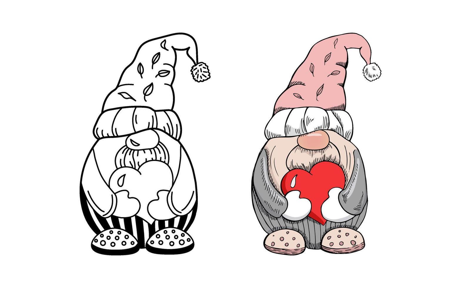 Outline doodle and colored hand-drawn dwarf with heart vector