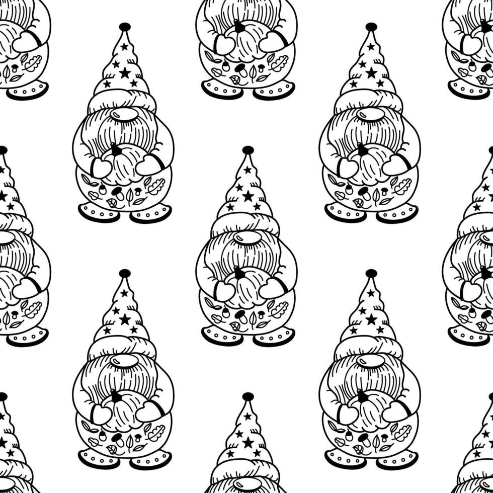 Seamless outline doodle pattern with dwarf and holiday decorations vector