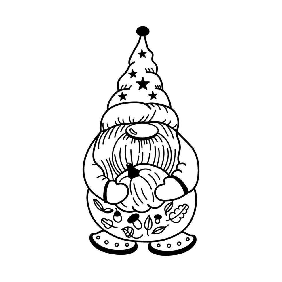 Outline doodle of a whimsical dwarf holding an autumn pumpkin vector