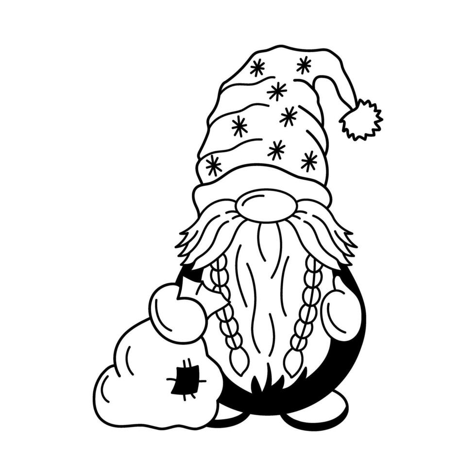 Dwarf with braids and sack in festive hat in doodle style vector