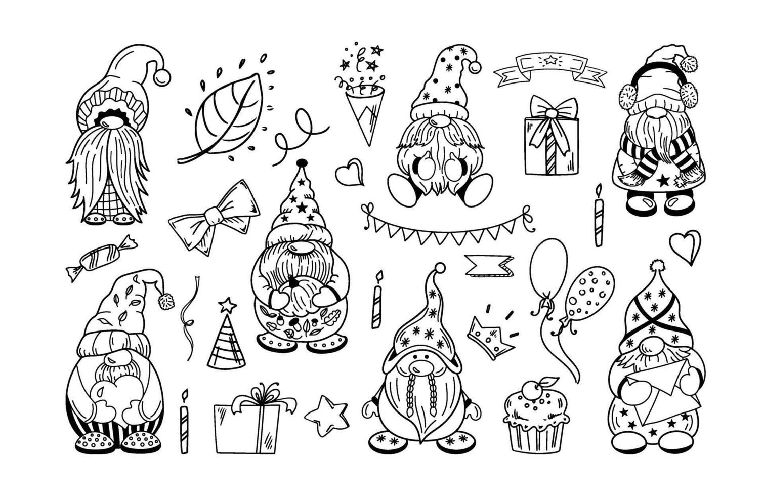 Outline doodle collection of gnomes and festive holiday elements vector