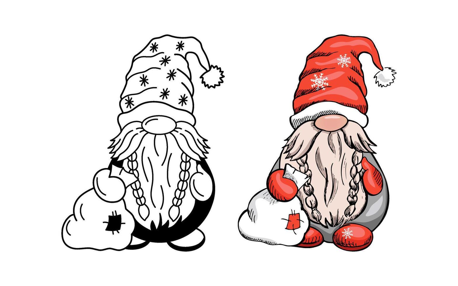 Dwarf with braids and sack in festive hat in doodle and colored hand-drawn style vector
