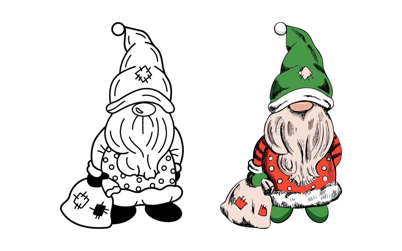 Dwarf illustration holding a patched sack with winter accents in doodle and colored hand-drawn style vector