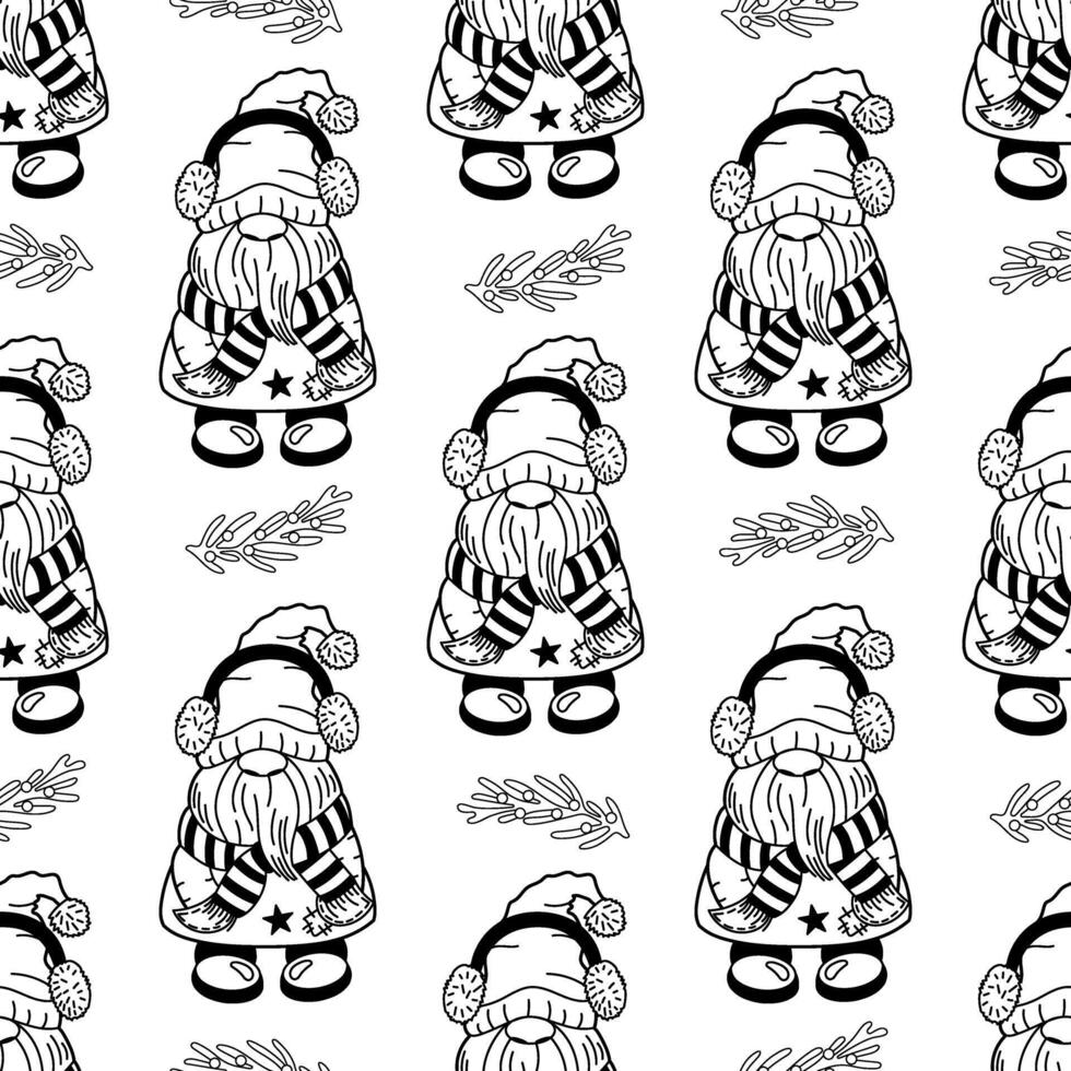 Seamless outline doodle pattern with dwarf in winter scarf vector