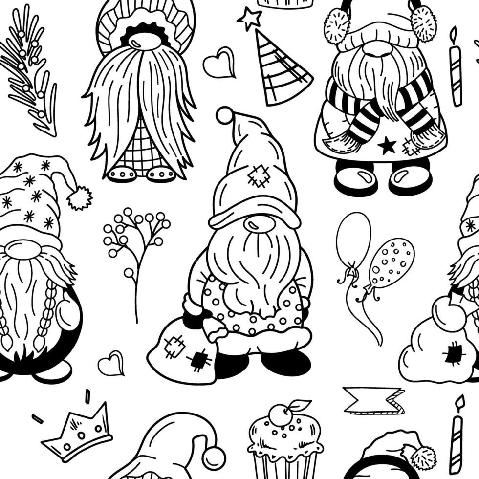 Seamless festive dwarf pattern with balloons and holiday cupcakes vector