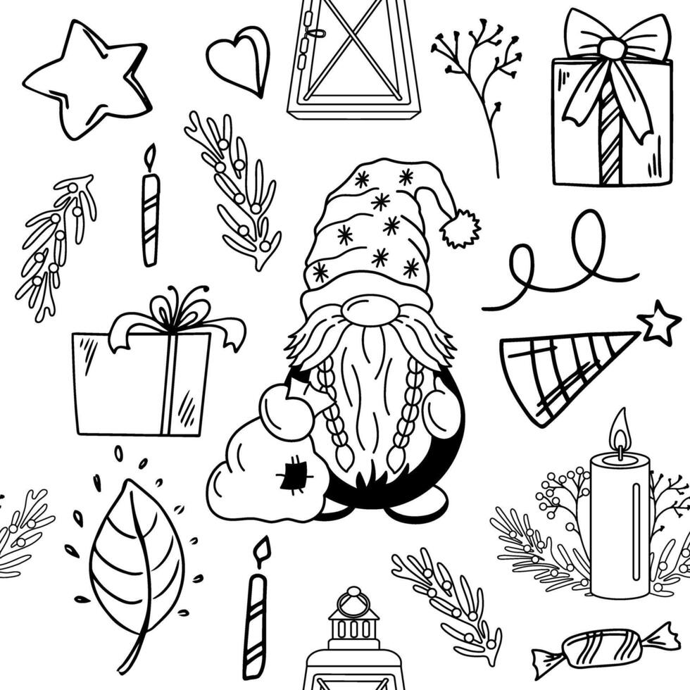Seamless festive dwarf pattern with gifts and holiday elements vector