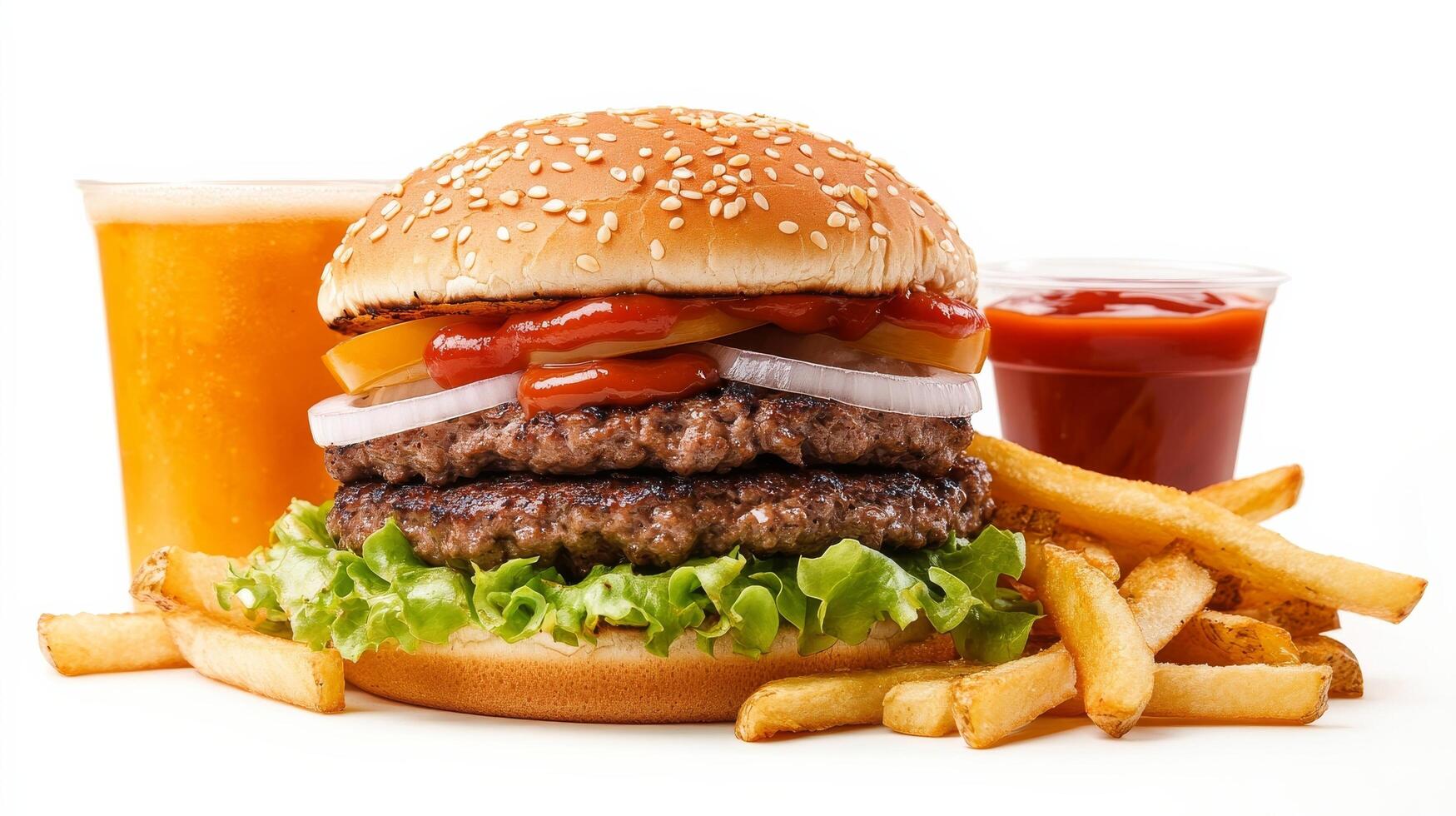 A hamburger and fries with a drink on a white background photo