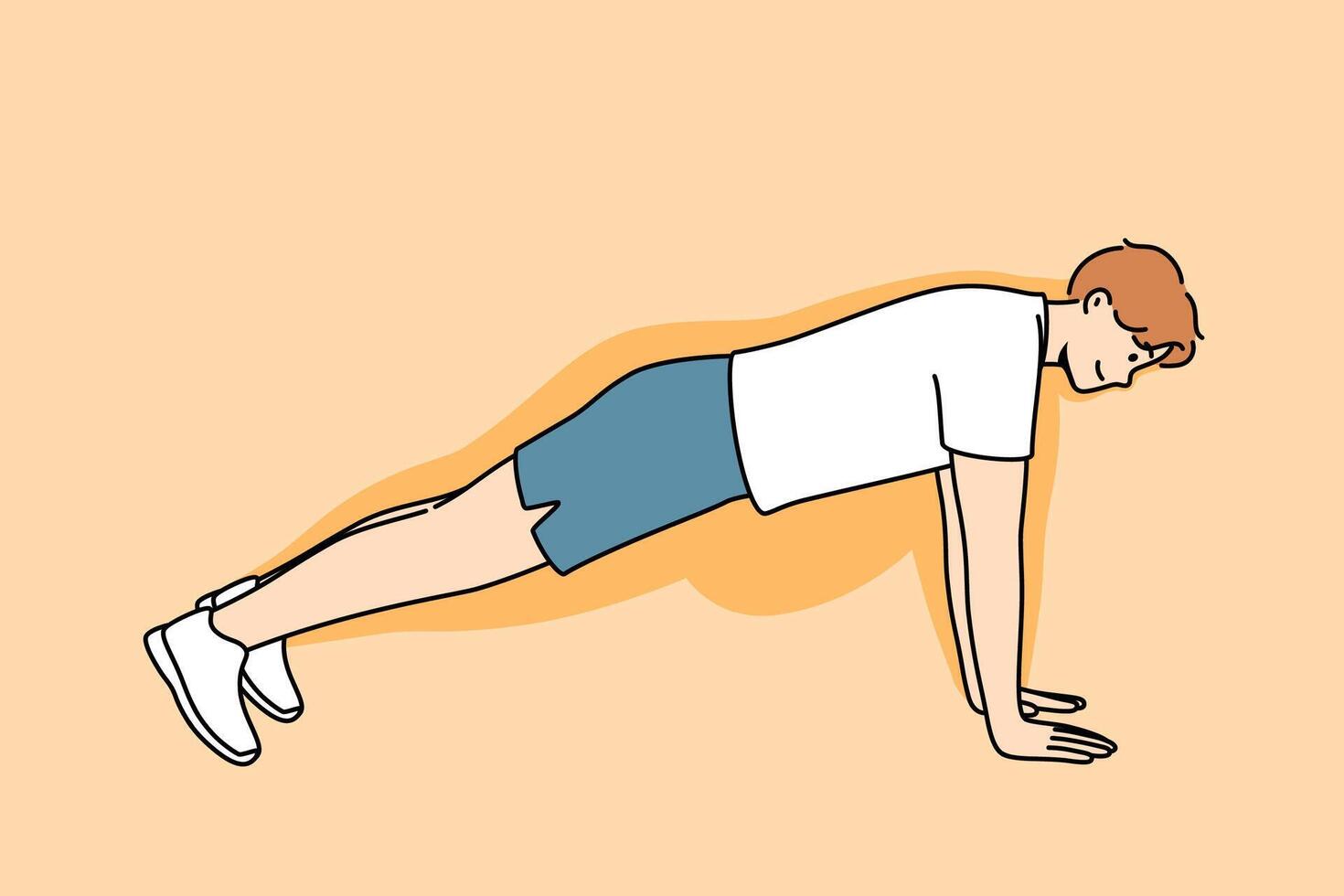 Man doing push-ups makes progress in losing weight, and feels disappearance of belly vector