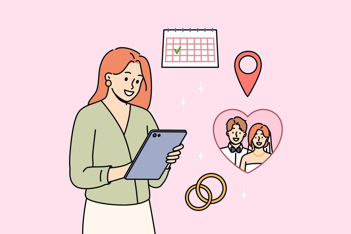 Happy woman is preparing for wedding, choosing date on calendar and ordering wedding rings in tablet vector