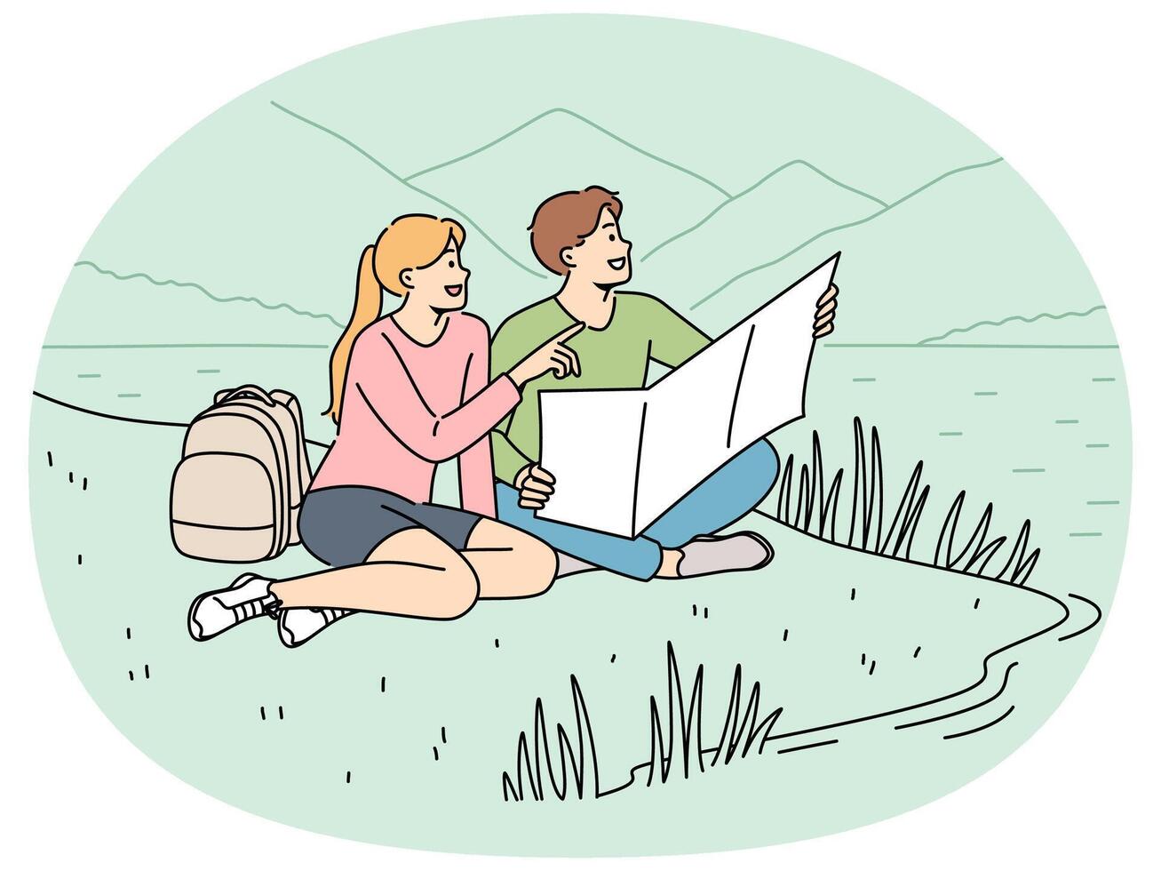 Happy couple of travelers sitting on lawn during hike in national park with lake and holding map vector
