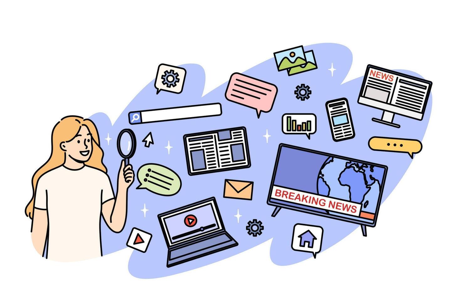 Woman studies news in media and social networks, or televisions and mobile phones vector