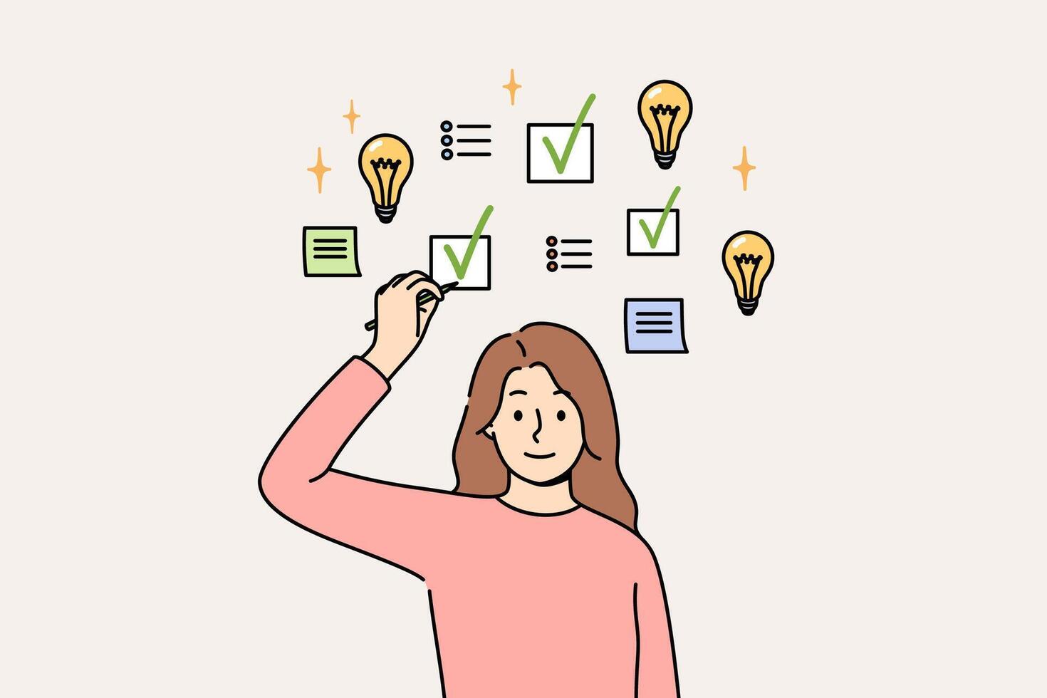Woman making task management to achieve productivity, and makes mark in checkbox above head vector