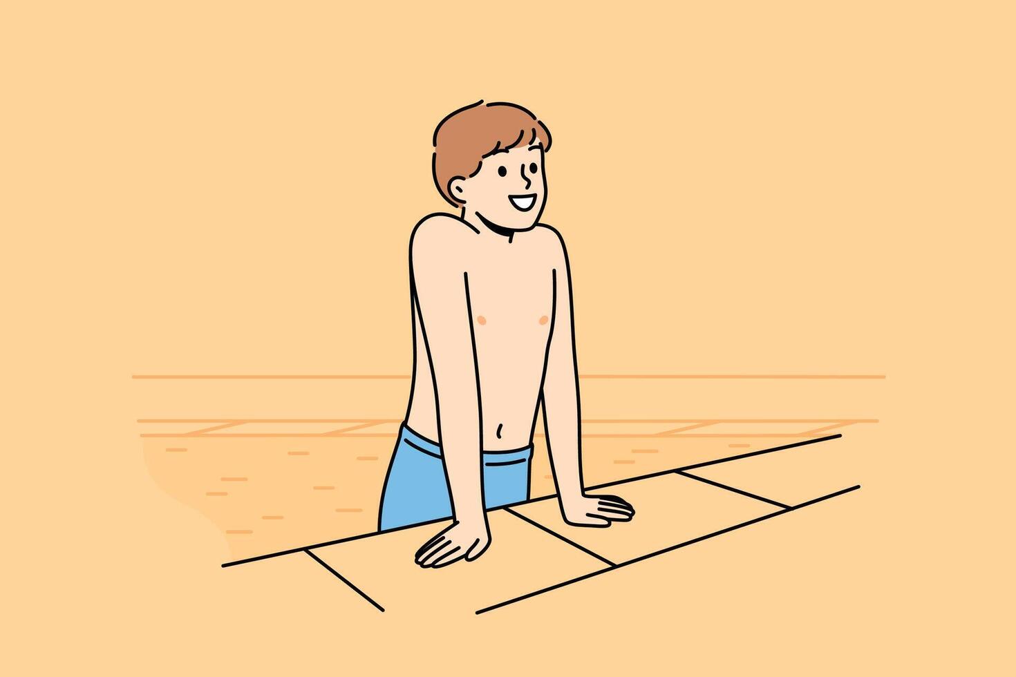 Boy gets out of pool and smiles after swimming in water, and rejoices at visiting aquapark vector