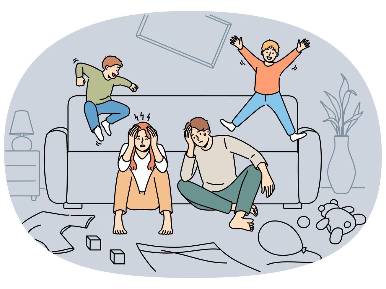 Tired parents sit on floor while mischievous children jump on sofa and throw things around house vector