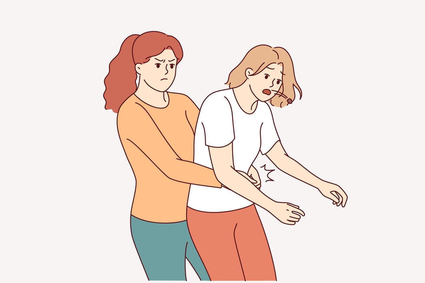 Heimlich technique is demonstrated by woman saving friend who was choking and pressing on stomach vector