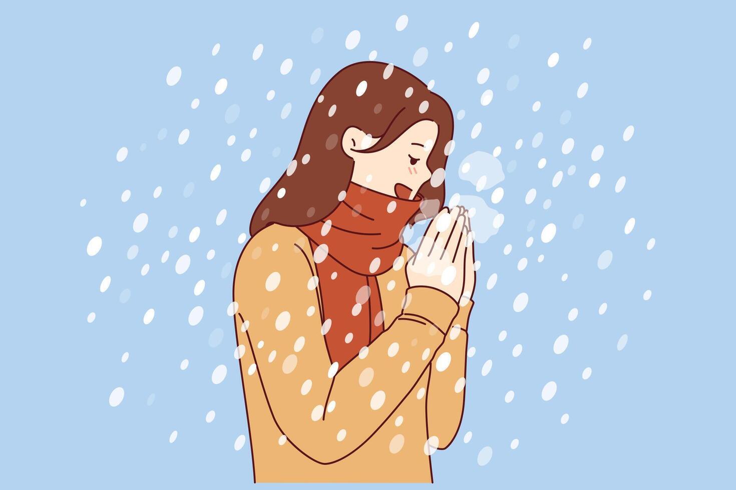 Woman enjoys winter weather, stands under falling snow flakes in sweater and scarf vector