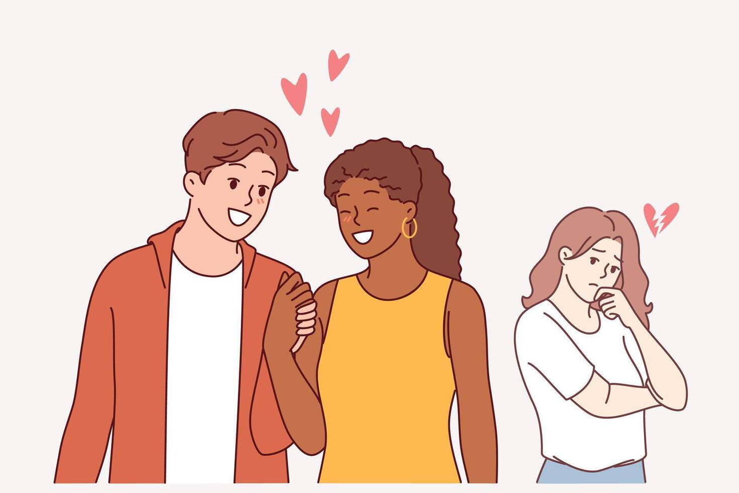 Love triangle between man walking with girlfriend and jealous, envious girl in need of psychologist vector
