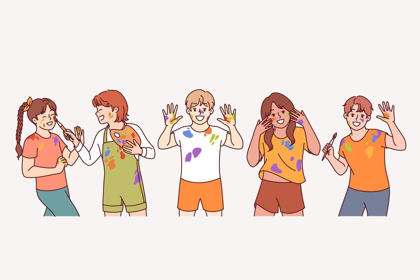 Artist children with paint stains on hands and clothes rejoice at opportunity to develop creativity vector