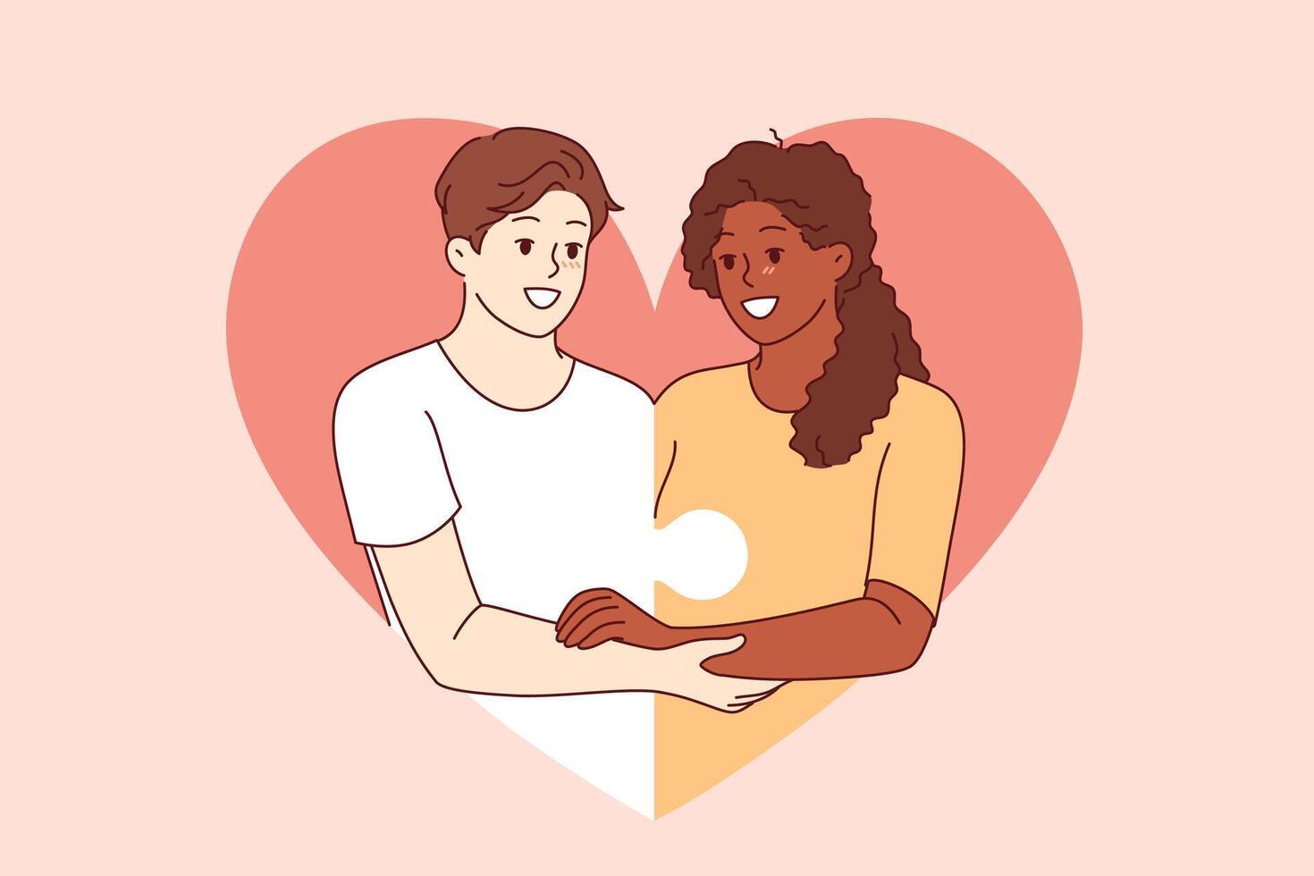 Love between diverse couple and with man and woman holding hands and consisting of puzzle pieces vector