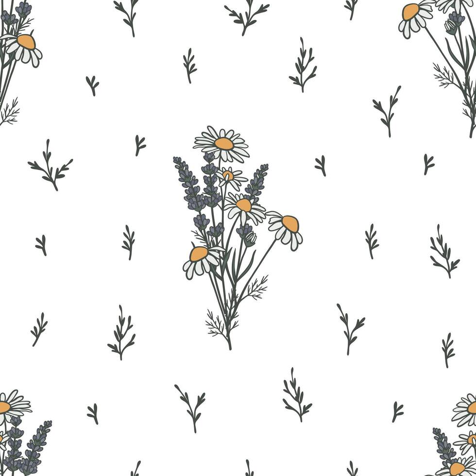 Seamless pattern with chamomile and lavender bouquet. Gentle floral elements on white background vector