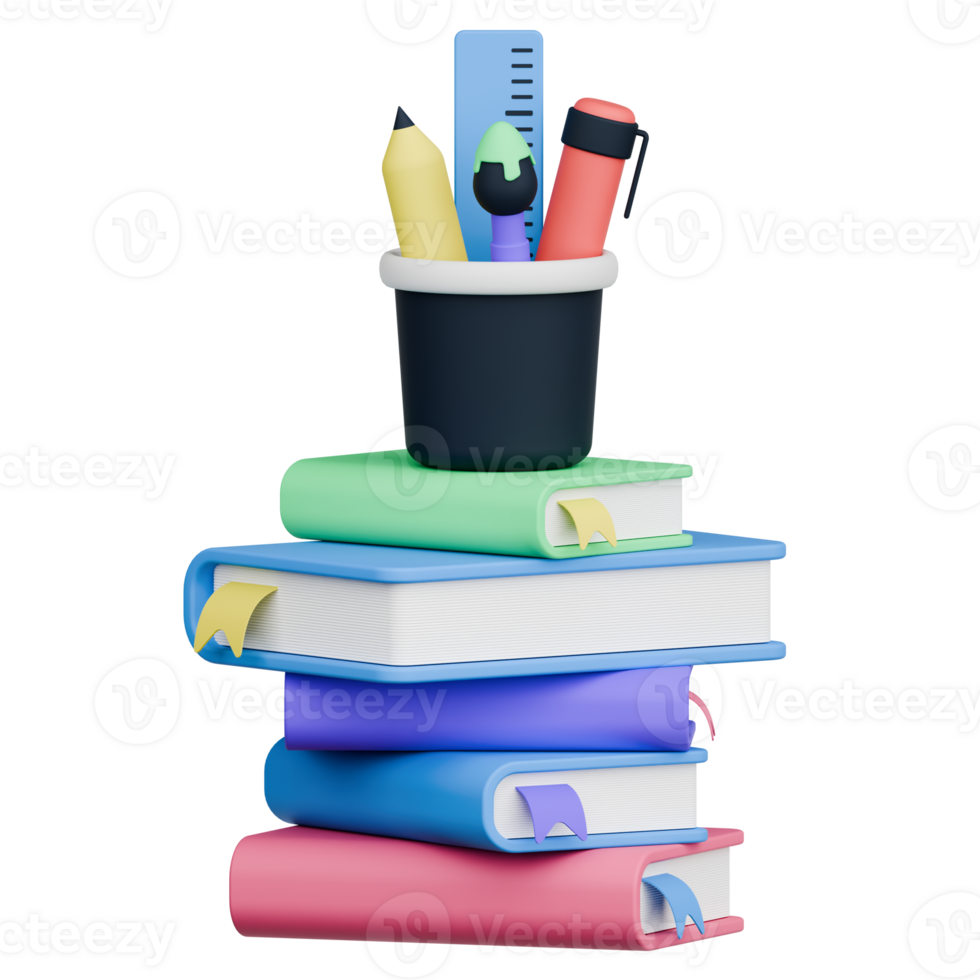 3D Rendering Colorful Stacked Books and Stationery Cup png