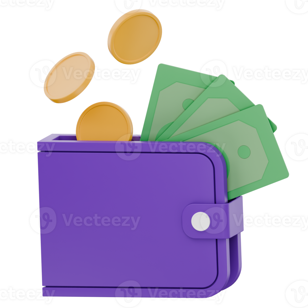3D Illustration of Purple Wallet with Cash and Coins png