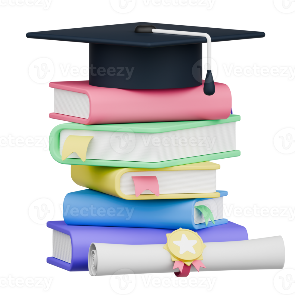 3D Rendering colorful stack of books with a graduation cap symbolizes learning and achievement in education png