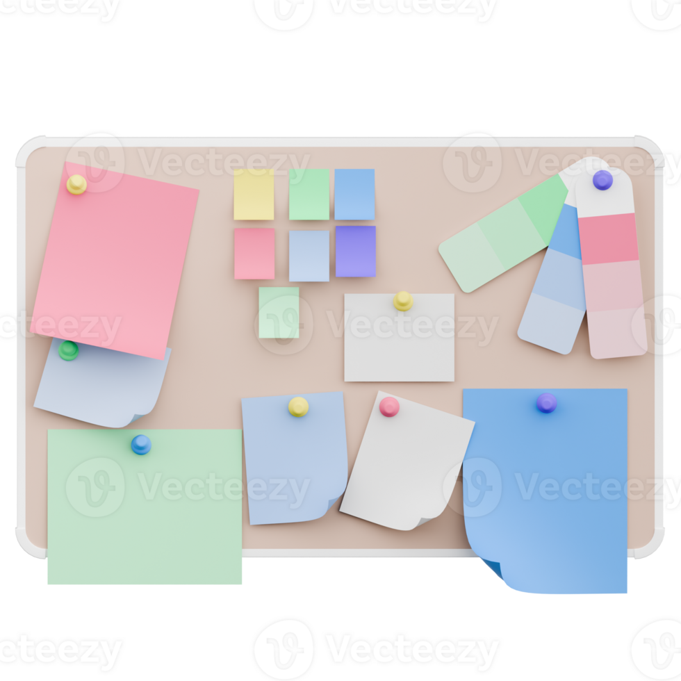 3D Rendering Cork board with notes and color palette png