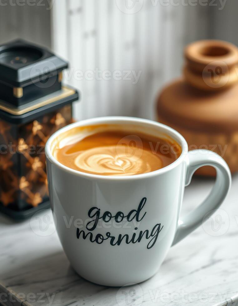 Warm cup of coffee with a good morning message beside decorative items at a cozy breakfast setting photo