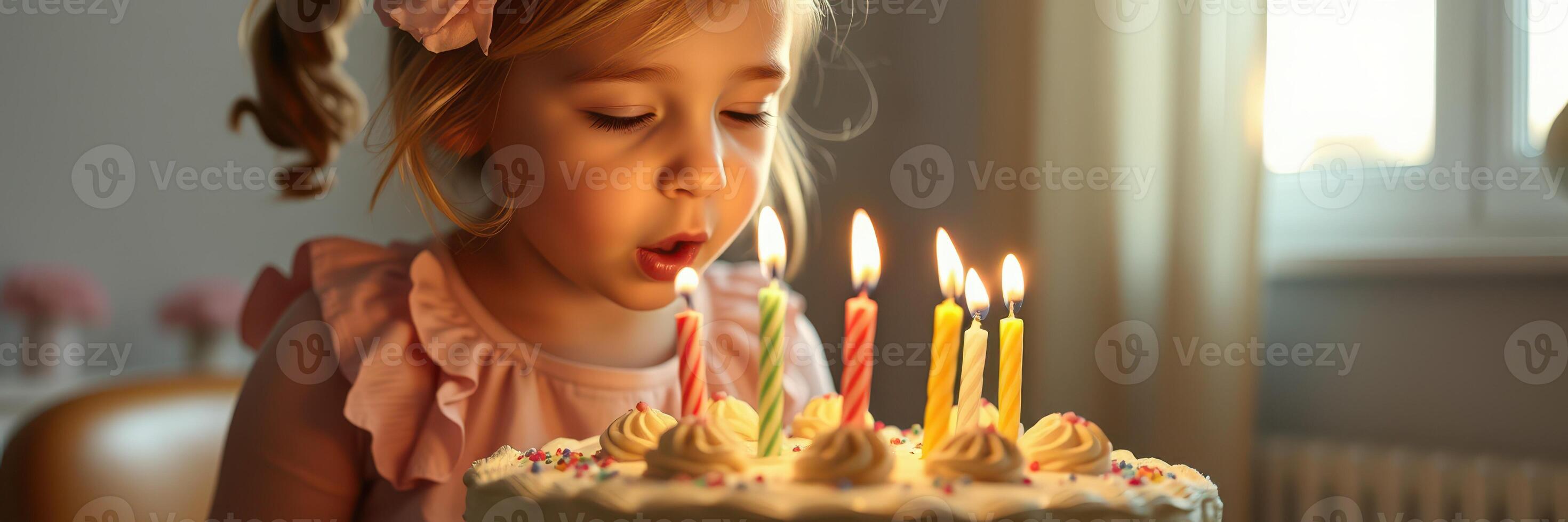 Little girl blowing out candles on a birthday cake during a cheerful celebration at home in the afternoon light photo