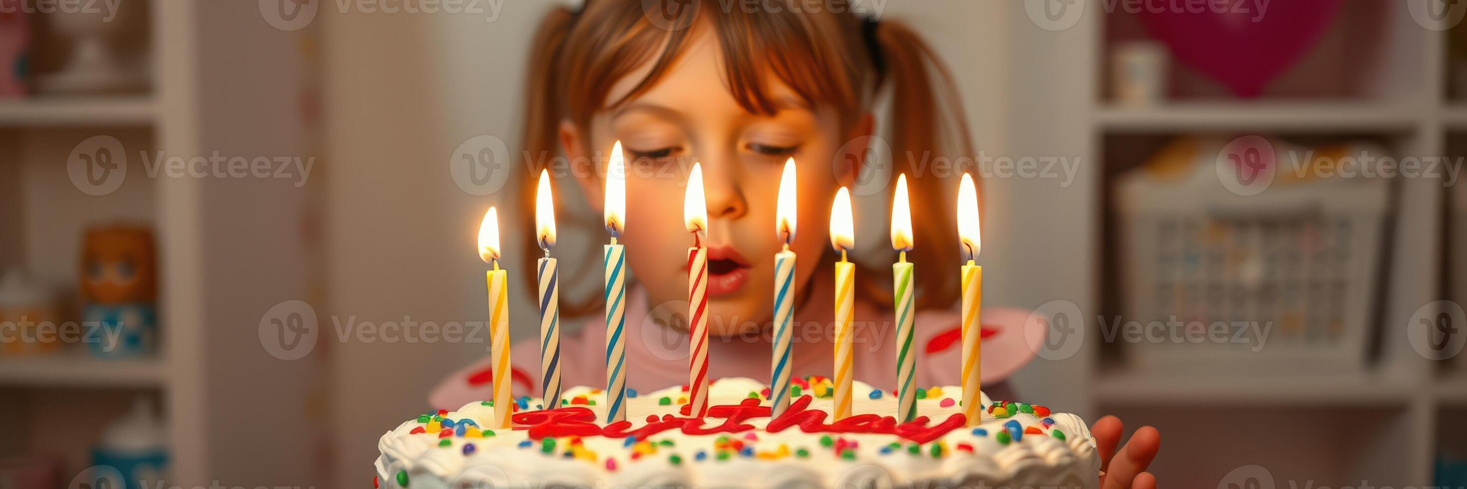 Girl blowing out birthday candles on a decorated cake during a joyful celebration at home photo