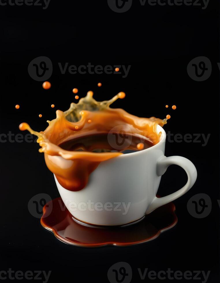 Coffee cup splashing dark liquid against a black background with droplets forming around the rim photo
