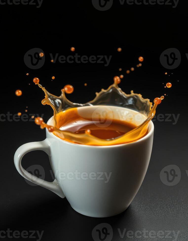 Coffee cup splashing liquid against a dark background in an artistic presentation photo