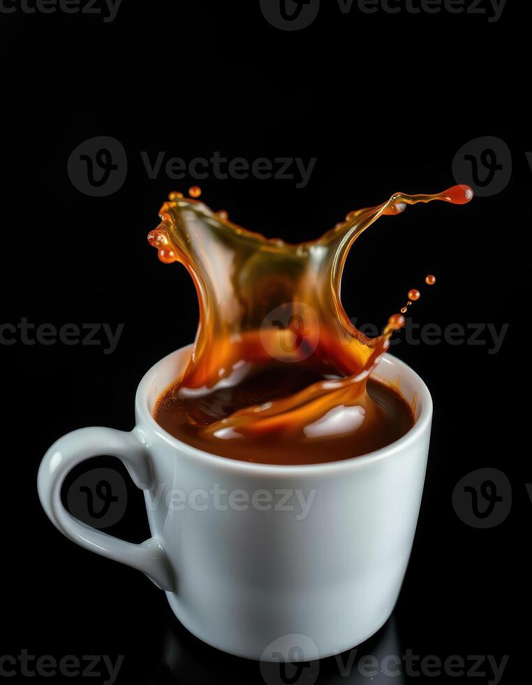 Coffee splash captured in a white cup against a black background highlighting the motion and freshness of the beverage photo