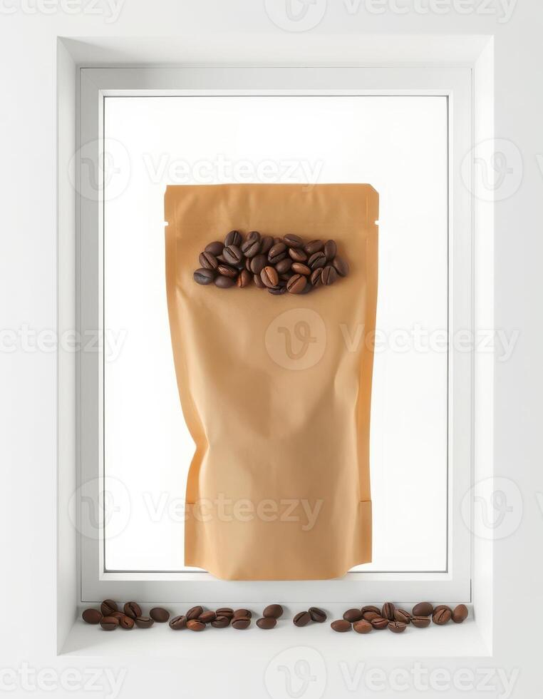 Coffee bag with roasted beans displayed in an artistic setting, highlighting craftsmanship and aroma photo