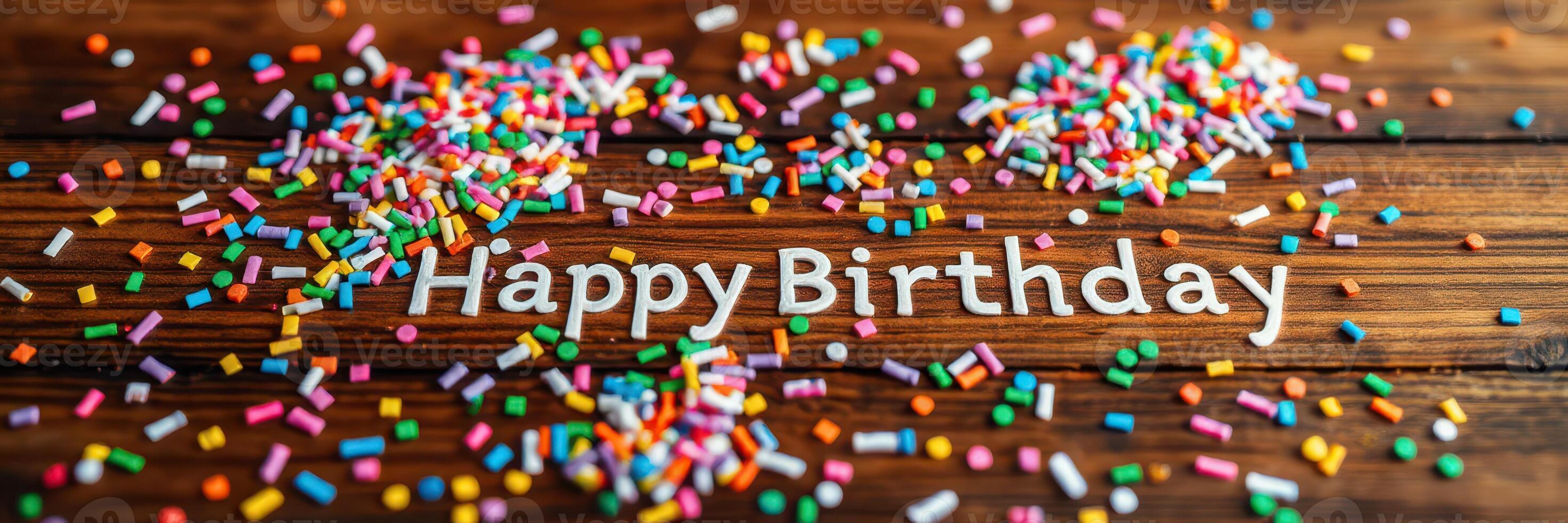 Colorful sprinkles and happy birthday message create festive atmosphere on wooden table photo