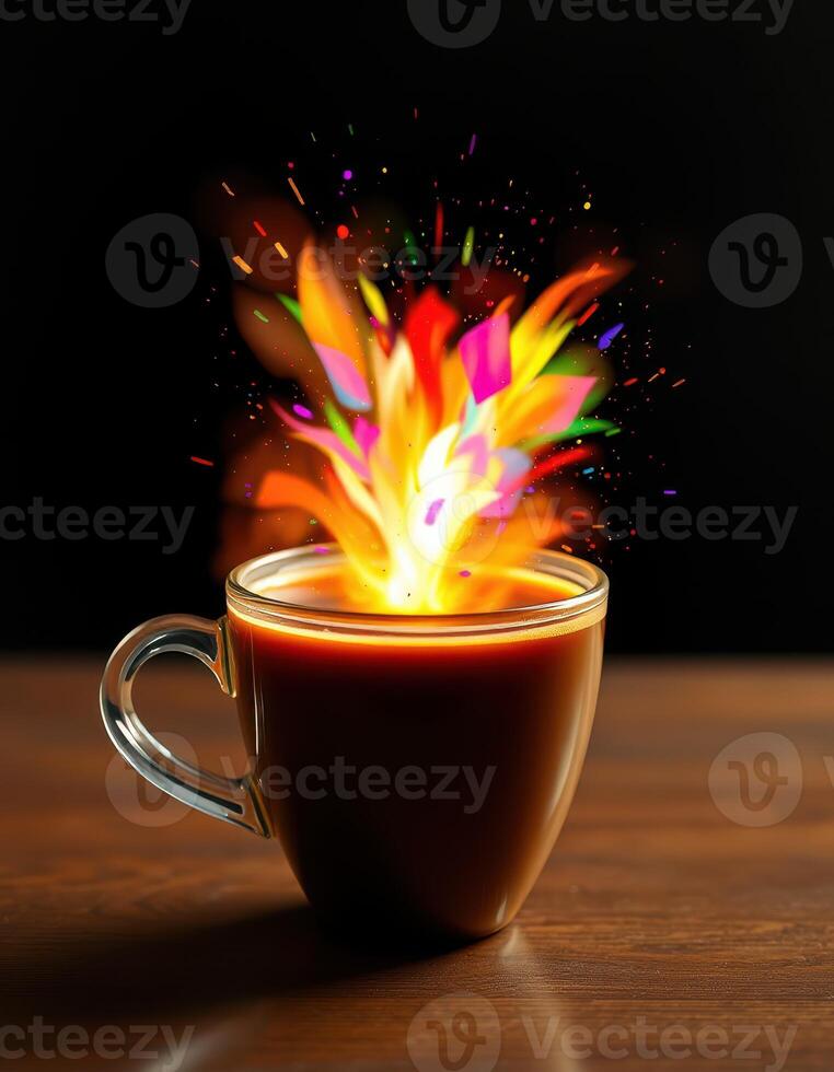 Coffee cup with vibrant explosion of colors illustrating creativity during a deep evening brew session photo