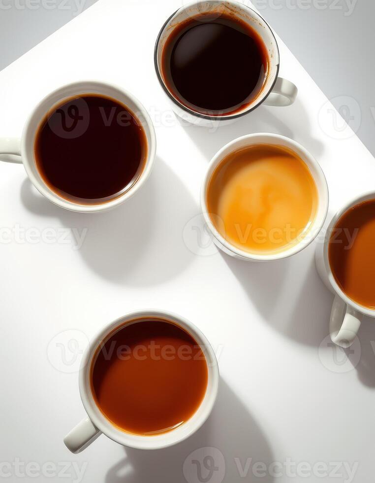 Various cups of coffee showcasing different shades and textures on a bright surface photo