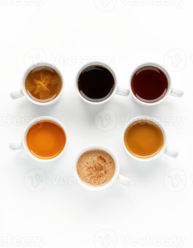 Varied coffee cups arranged in a circle showcasing different brewing styles and colors in a bright setting photo