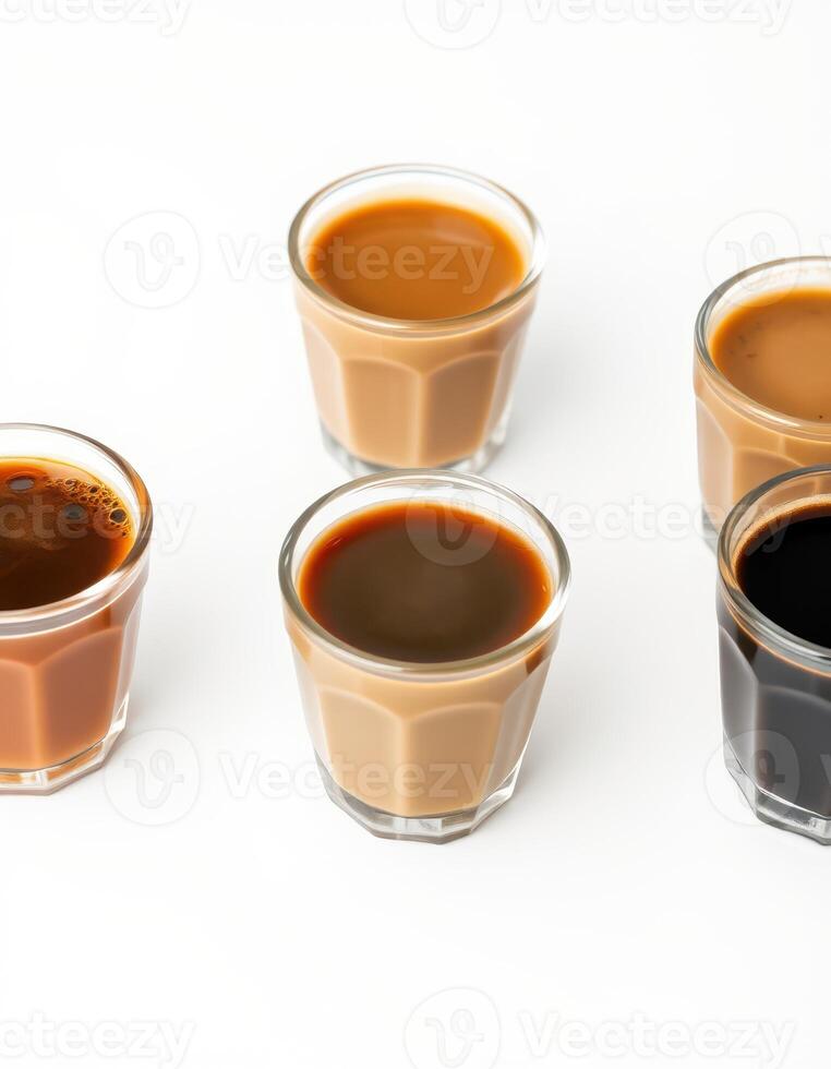 Different types of coffee served in small glasses on a white background for tasting and comparison purposes photo