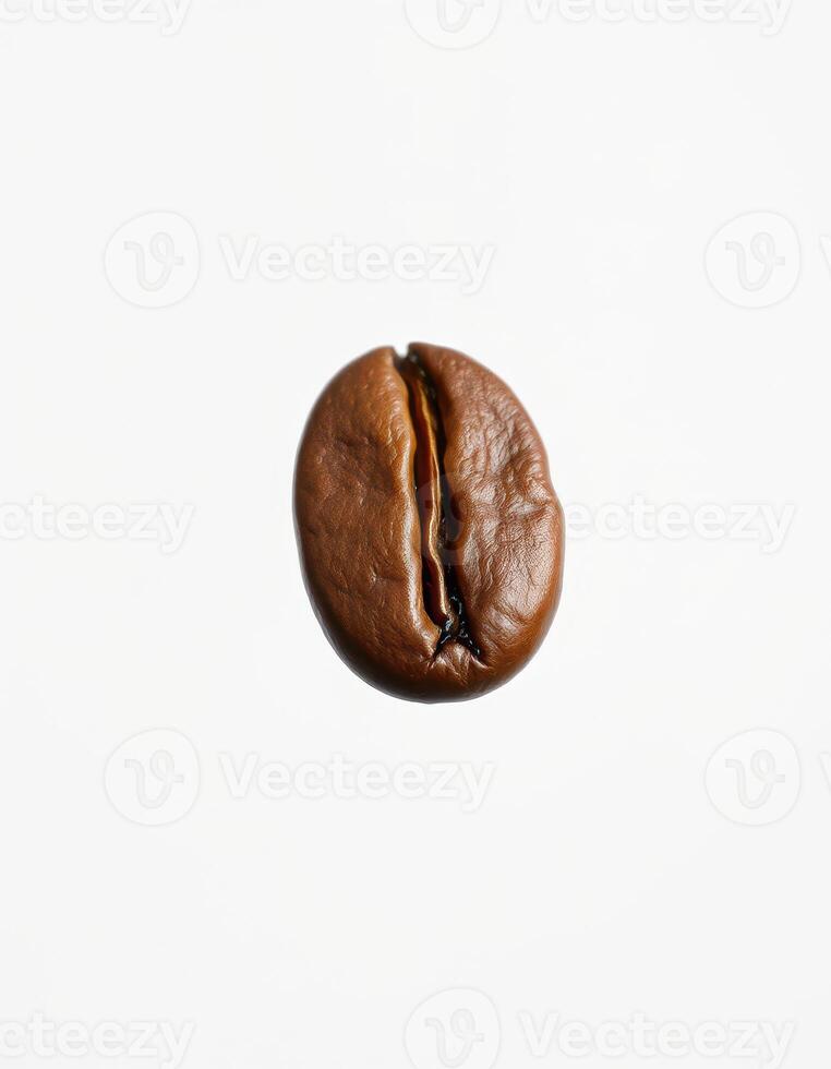 Coffee bean resting on a white surface showcasing its rich color and texture in a minimalistic style photo