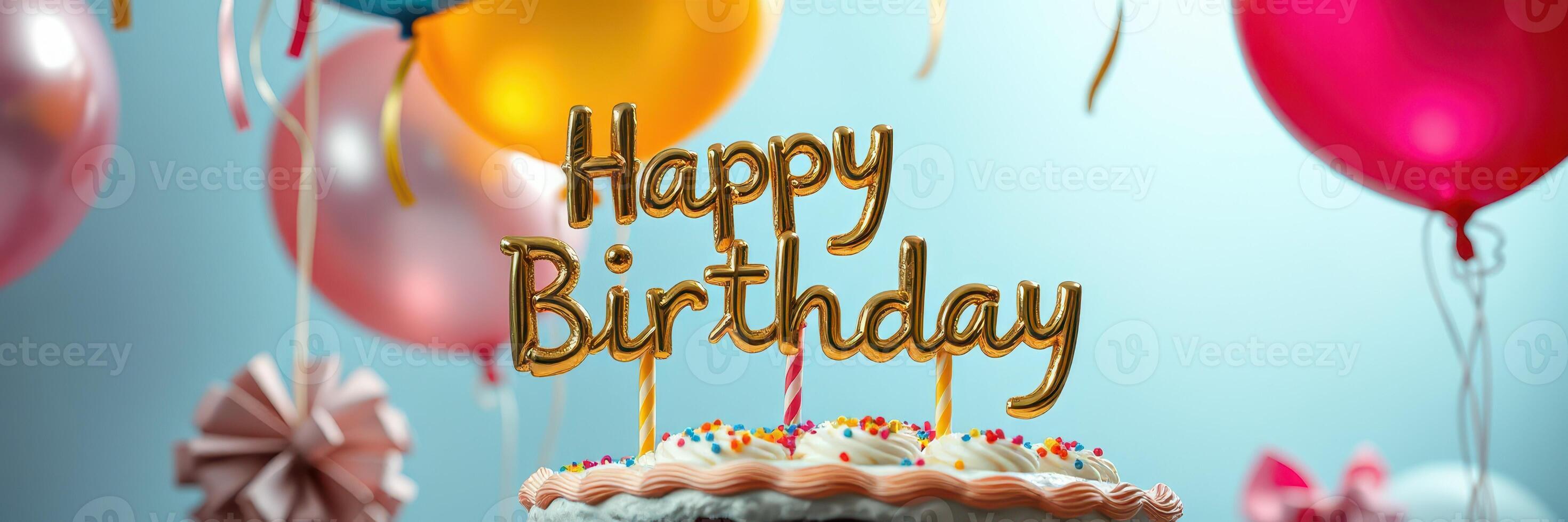 Celebrate with a joyful birthday cake adorned with colorful balloons and festive decorations for a memorable occasion photo